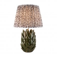 dark green ceramic table lamp with grey leaf pattern shade