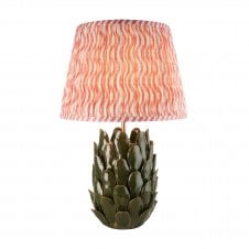 dark green ceramic table lamp with pink ripple pattern shade