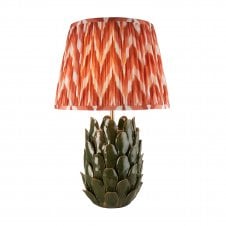 dark green ceramic table lamp with orange zigzag pattern shade