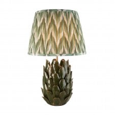 dark green ceramic table lamp with green zigzag pattern shade