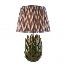 dark green ceramic table lamp with grey zigzag pattern shade