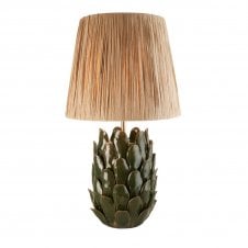 olive green ceramic table lamp with raffia lampshade