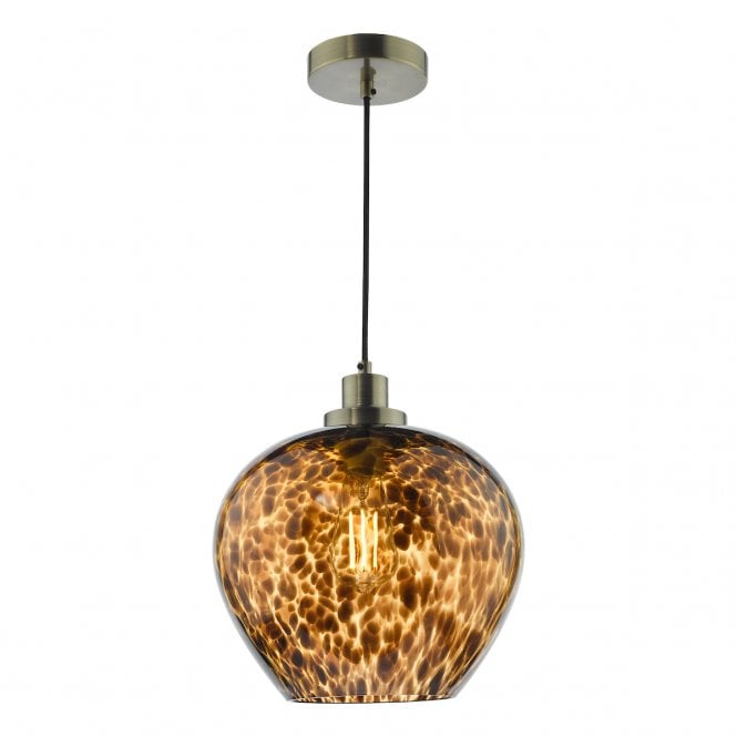 LEANDRA Ceiling Pendant | Tortoiseshell Confetti Glass Shade | Antique Brass Fitting