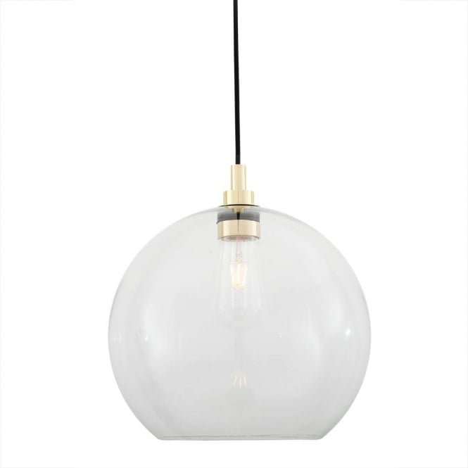 LEITH bathroom ceiling pendant in polished brass with open bottom glass globe shade