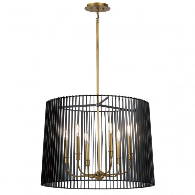 LINARA 6 Light Chandelier/Pendant in Brass with Black Slatted Shade