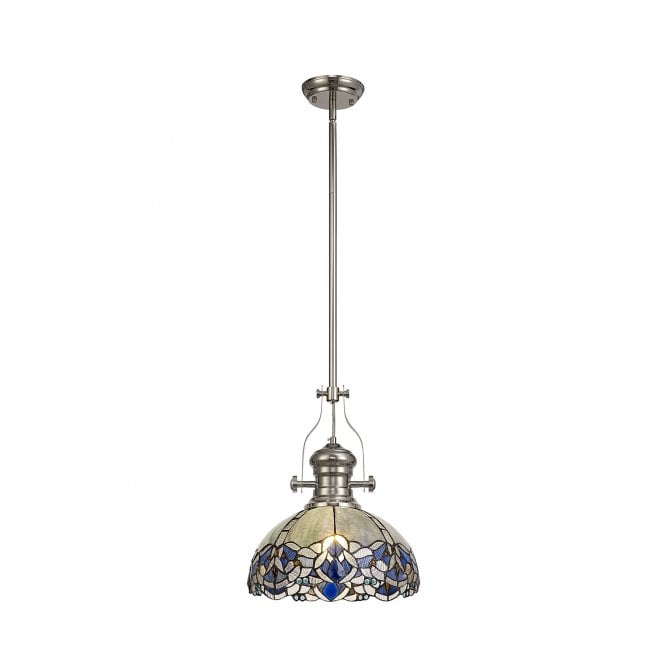 LINCOLN 1 Light Pendant Polished Nickel With 30cm Blue/Clear Crystal Tiffany Shade