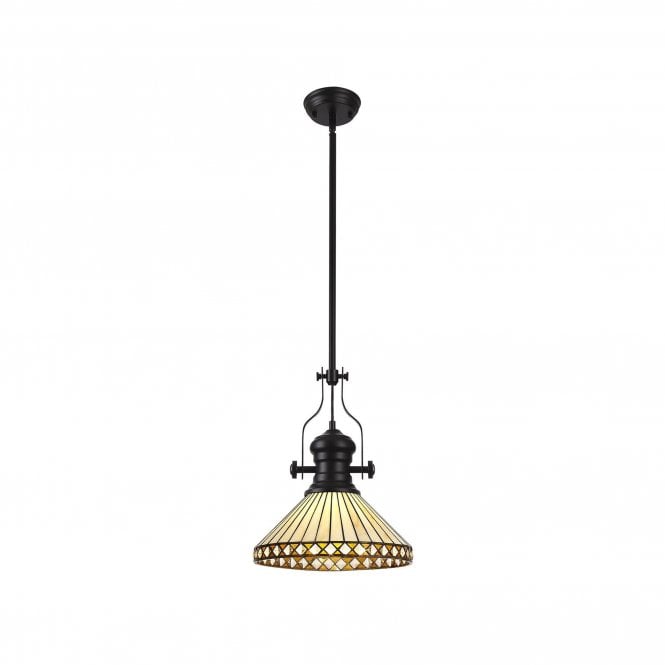 LINCOLN | 1 Light Pendant With 30cm Tiffany Shade | Matt Black | Amber | Cream | Crystal