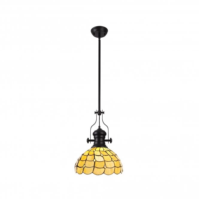 LINCOLN | 1 Light Pendant With 30cm Tiffany Shade | Matt Black | Beige| Clear Crystal