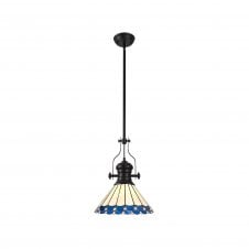 LINCOLN | 1 Light Pendant With 30cm Tiffany Shade | Matt Black | Blue | Cream | Crystal