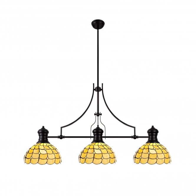 LINCOLN | 3 Light Linear Pendant 30cm Tiffany Shade | Matt Black | Beige | Clear Crystal