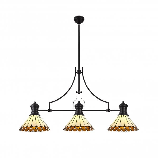 LINCOLN | 3 Light Linear Pendant With 30cm Tiffany Shade | Matt Black | Amber | Cream | Crystal