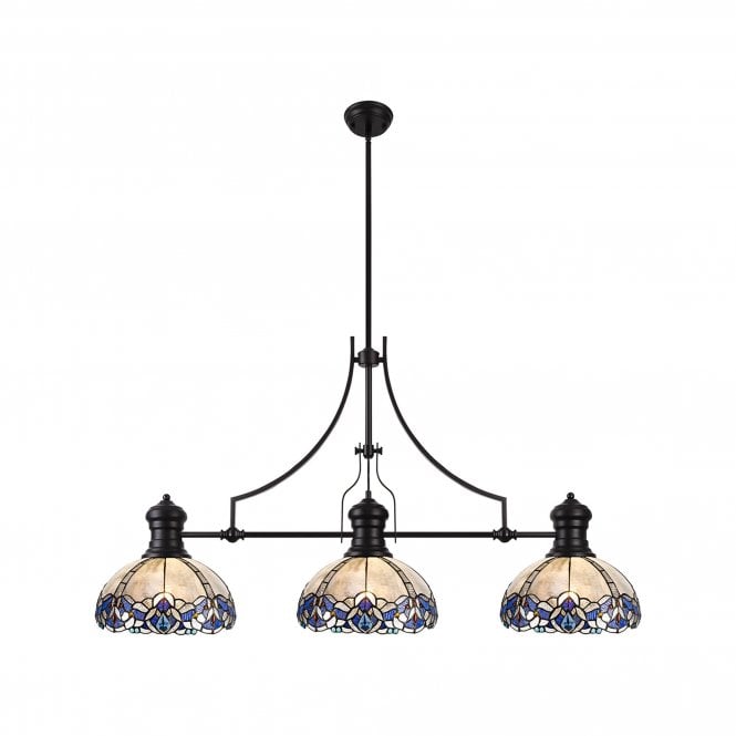 LINCOLN | 3 Light Linear Pendant With 30cm Tiffany Shade | Matt Black | Blue | Clear Crystal