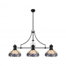 LINCOLN | 3 Light Linear Pendant With 30cm Tiffany Shade | Matt Black | Blue | Clear Crystal