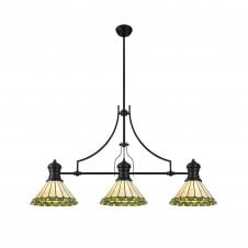 LINCOLN | 3 Light Linear Pendant With 30cm Tiffany Shade | Matt Black | Green | Cream | Crystal