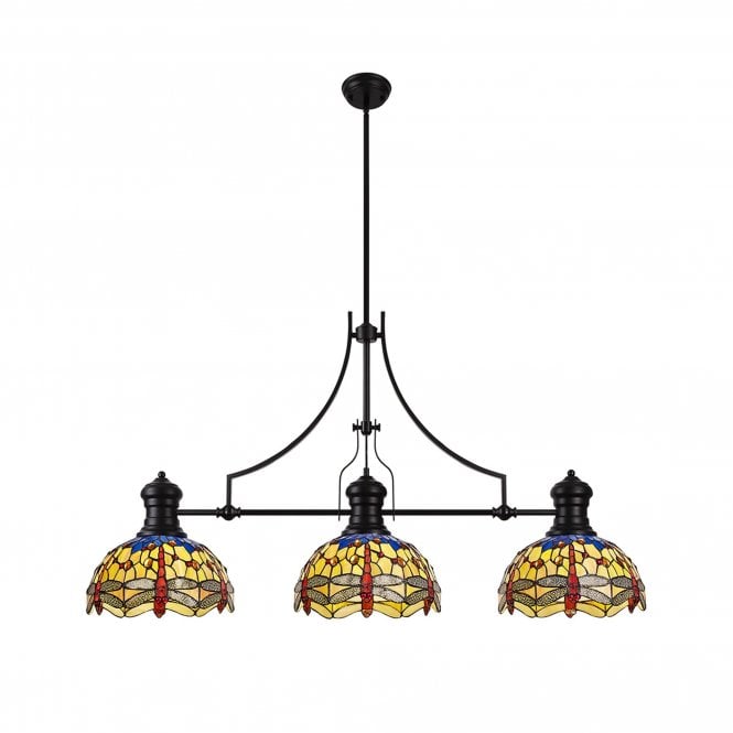 LINCOLN DRAGONFLY | 3 Light Ceiling Pendant Bar Tiffany Shade | Matt Black | Blue | Orange | Crystal