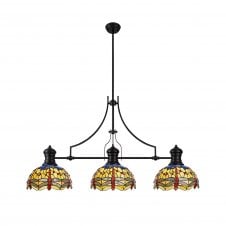 LINCOLN DRAGONFLY | 3 Light Ceiling Pendant Bar Tiffany Shade | Matt Black | Blue | Orange | Crystal
