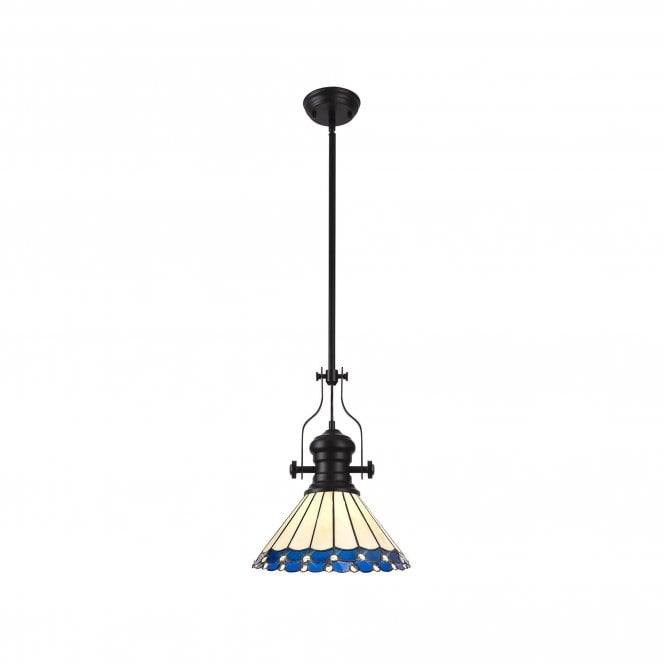 LINCOLN, UNA | 1 Light Pendant Tiffany Shade | Matt Black, Blue, Cream & Crystal