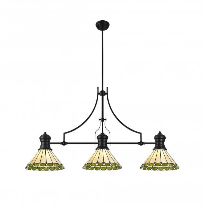 LINCOLN, UNA | 3 Light Linear Pendant Tiffany Shade | Matt Black, Green, Cream & Crystal