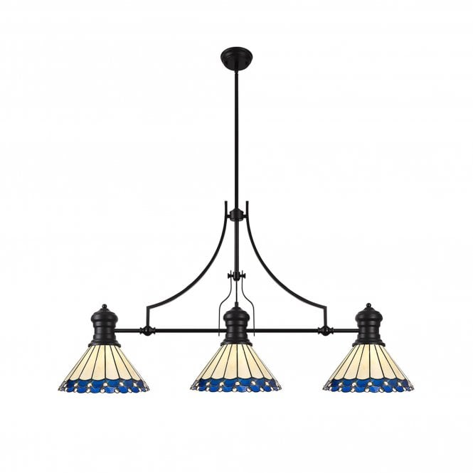 LINCOLN, UNA | 3 Light Pendant Tiffany Shade | Matt Black, Blue, Cream & Crystal