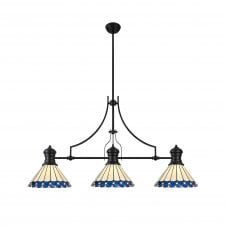 LINCOLN, UNA | 3 Light Pendant Tiffany Shade | Matt Black, Blue, Cream & Crystal