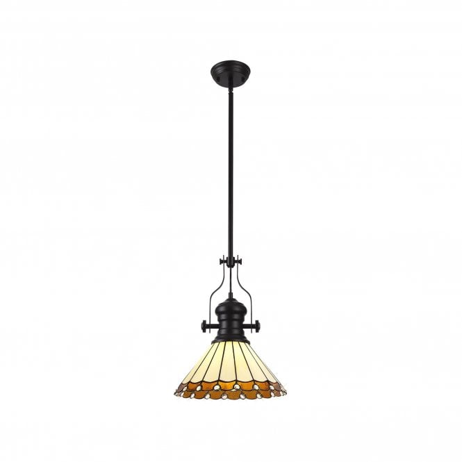 LINCOLN, UNA | Pendant 30cm Tiffany Shade | Matt Black, Amber, Cream & Crystal