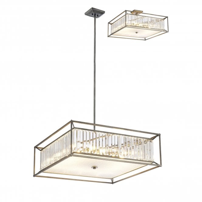 CUBOID Fixed Pendant and Semi Ceiling | 12 x E14 | Pewter and Clear and Grain Glass