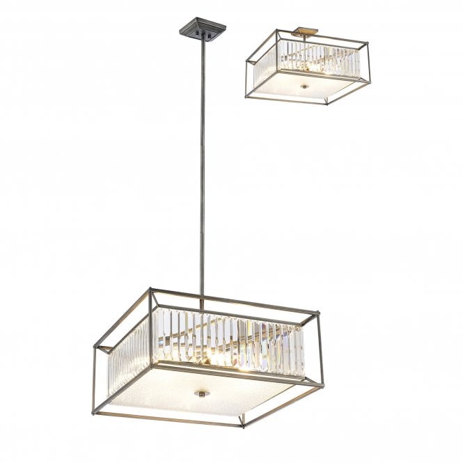  CUBOID Fixed Pendant and Semi Ceiling | 6 x E14 | Pewter and Clear and Grain Glass