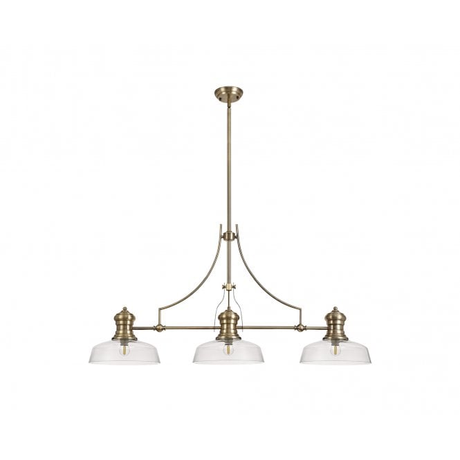  LINCOLN 3 Light Antique Brass Pendant And 30cm Clear Glass Flat Round Shade
