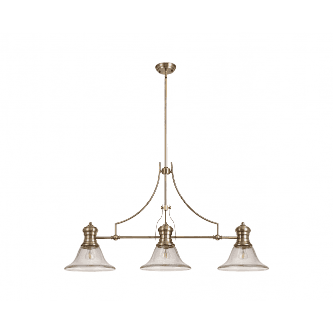  LINCOLN 3 Light Antique Brass Pendant With 30cm Smooth Bell Clear Glass Shade