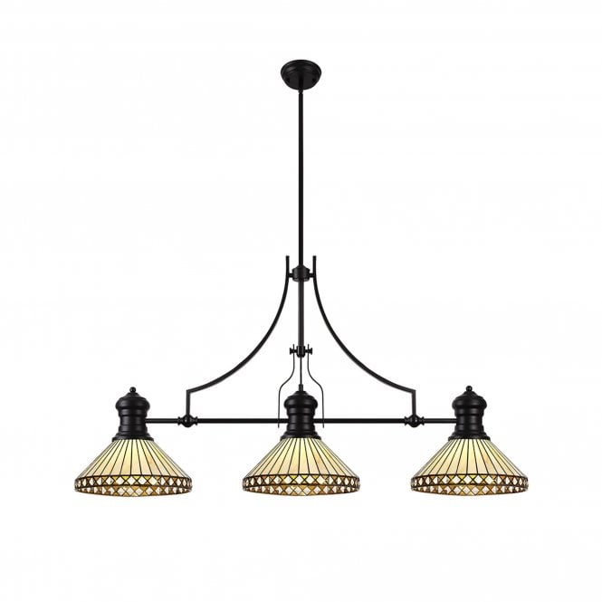  LINCOLN | 3 Light Linear Pendant 30cm Tiffany Shade | Matt Black | Amber | Cream | Crystal