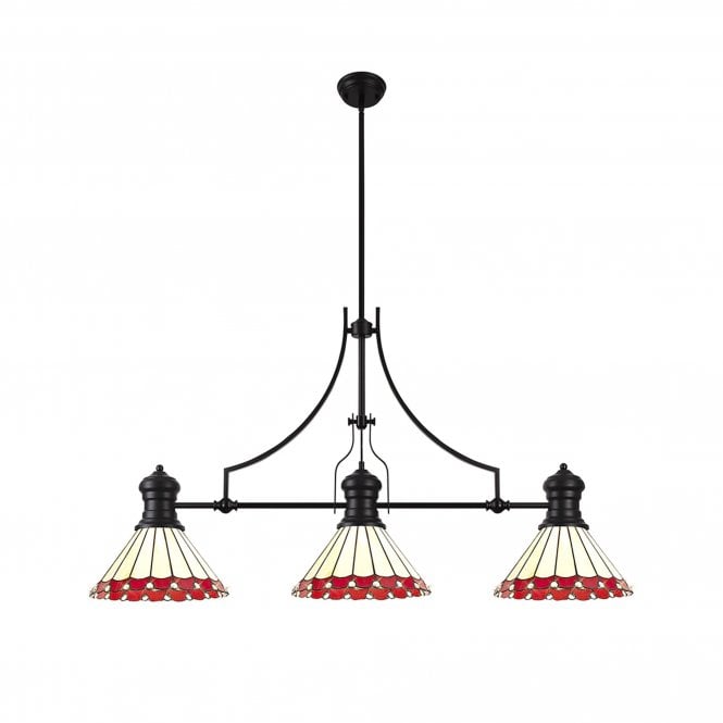  LINCOLN | 3 Light Linear Pendant With 30cm Tiffany Shade | Matt Black | Red | Cream | Crystal