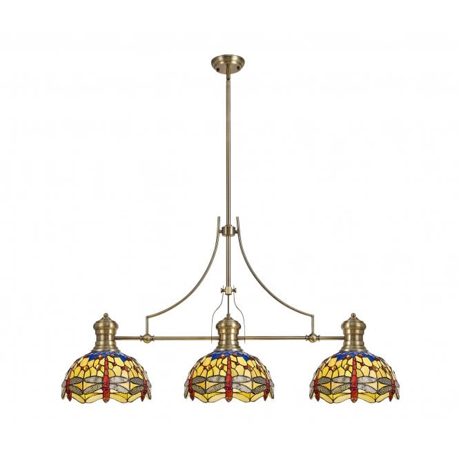  LINCOLN 3 Light Pendant With 30cm Dragonfly Tiffany Shade In Blue/Orange