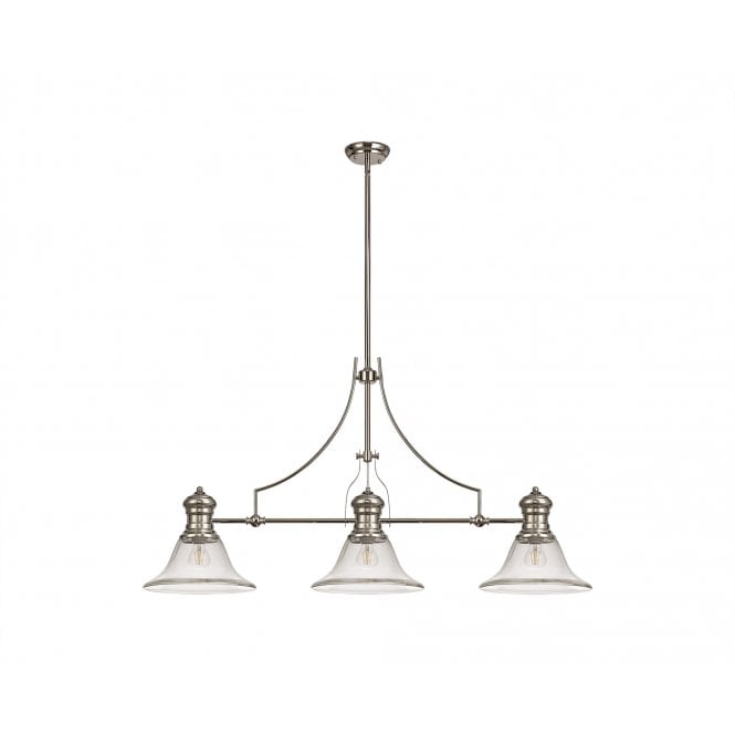  LINCOLN 3 Light Polished Nickel Pendant With 30cm Smooth Bell Clear Glass Shade