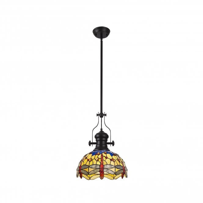  LINCOLN DRAGONFLY | 1 Light Pendant With 30cm Tiffany Shade | Matt Black | Blue | Orange | Crystal