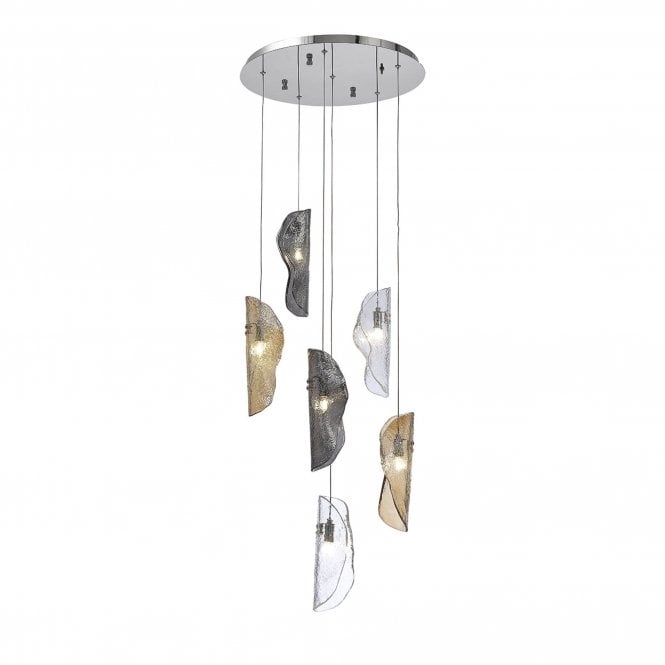  MONOSWATHE Pendant 2.5m | 6 x G9 | Polished Chrome and Clear & Amber & Smoked Glass