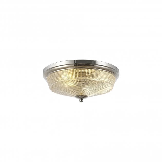 SALOON 2 Light E27 Flush Ceiling Light | Polished Nickel and Prismatic Glass