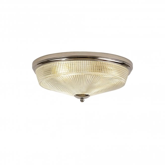  SALOON 3 Light E27 Flush Ceiling Light | Polished Nickel and Prismatic Glass