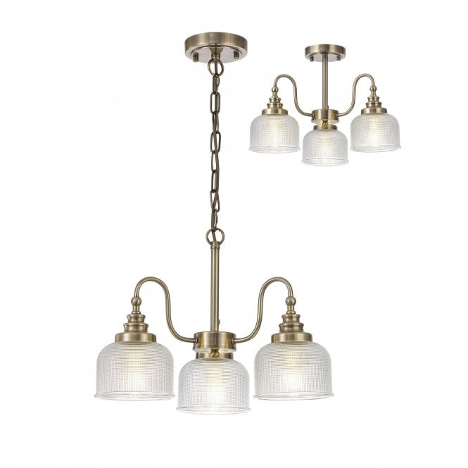  SALOON Semi Flush and Pendant | 3 Light E27 | Antique Brass and Prismatic Glass