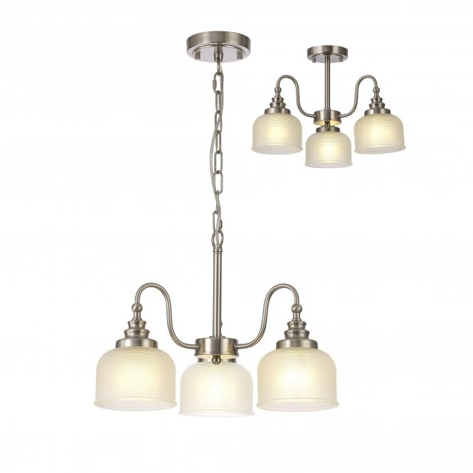  SALOON Semi Flush and Pendant | 3 Light E27 | Satin Nickel and Frosted Glass
