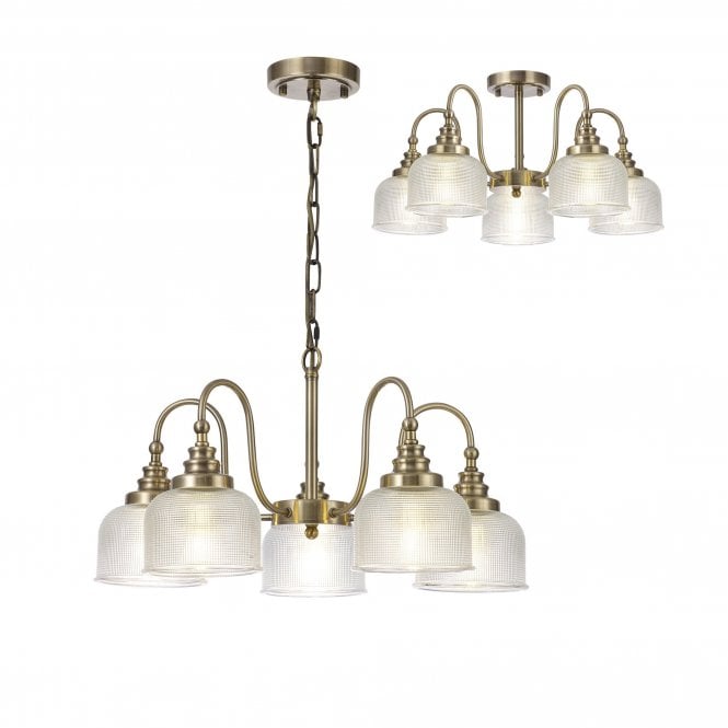  SALOON Semi Flush and Pendant | 5 Light E27 | Antique Brass and Prismatic Glass