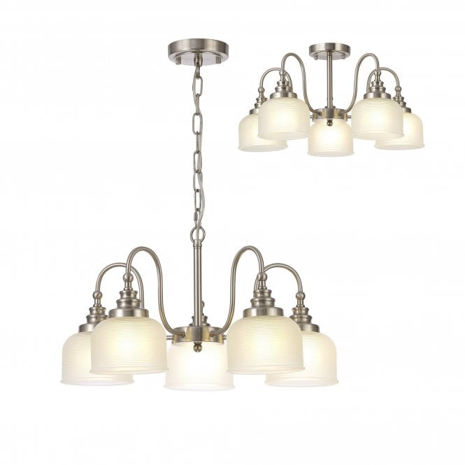  SALOON Semi Flush and Pendant | 5 Light E27 | Satin Nickel and Frosted Glass