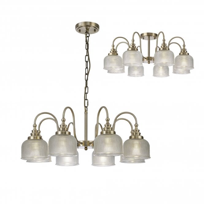  SALOON Semi Flush and Pendant | 8 Light E27 | Antique Brass and Prismatic Glass