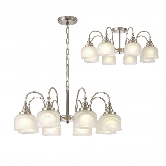  SALOON Semi Flush and Pendant | 8 Light E27 | Satin Nickel and Frosted Glass
