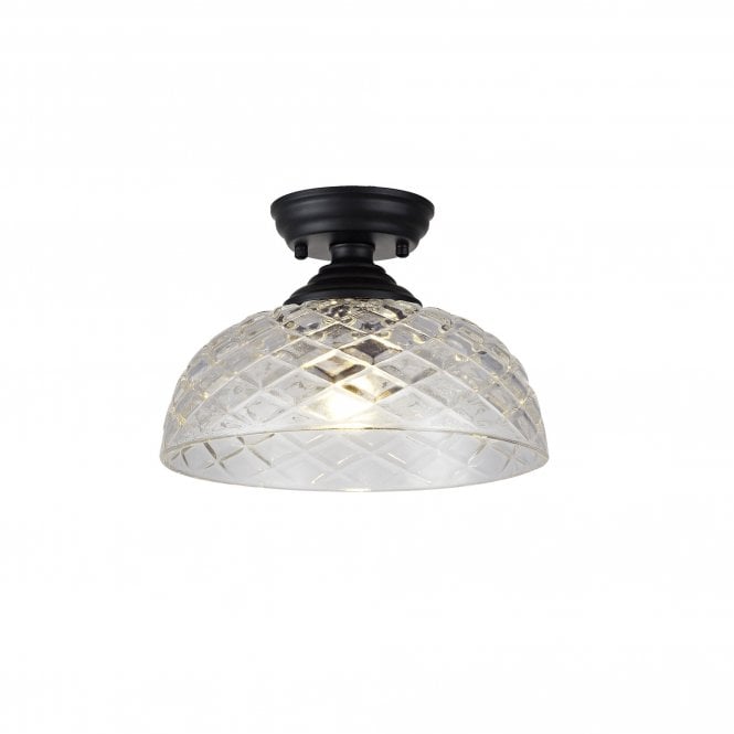  WINSLET 1 Light Flush Ceiling | Matt Black & Patterned Glass Shade (30cm)
