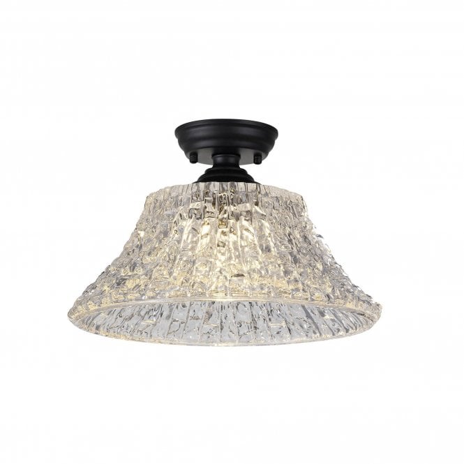  WINSLET 1 Light Flush Ceiling | Matt Black & Patterned Glass Shade (38cm)