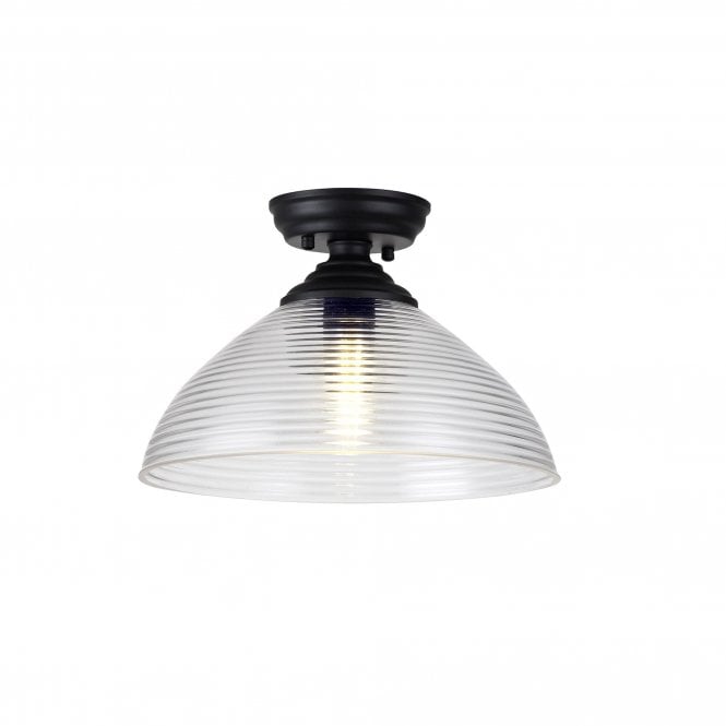  WINSLET 1 Light Flush Ceiling | Matt Black & Prismatic Effect Glass Shade (33.5cm)