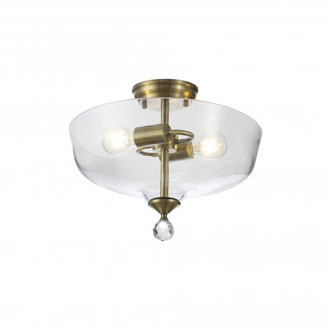  WINSLET 2 Light Semi Flush Ceiling | Antique Brass and Clear Glass Shade (38cm)