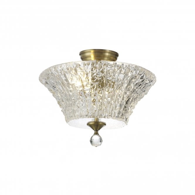  WINSLET 2 Light Semi Flush Ceiling | Antique Brass and Clear Patterned Glass Shade (38cm)
