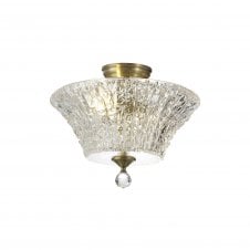 Linspiration Lighting WINSLET 2 Light Semi Flush Ceiling | Antique Brass and Clear Patterned Glass Shade (38cm)