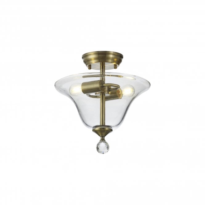  WINSLET 2 Light Semi Flush Ceiling | Antique Brass & Clear Bell Glass Shade (30cm)
